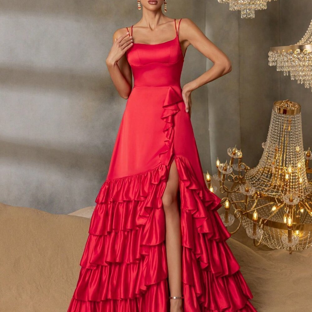 Red Elegant Women's Luxury Ruffled Halter Evening Gown